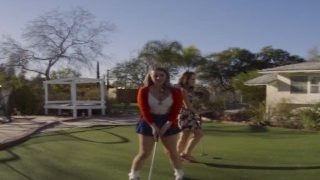 Two hot babes shake their ass and make out for their golf instructor in VR