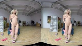 Lovely blonde amateur with natural tits stripping in VR